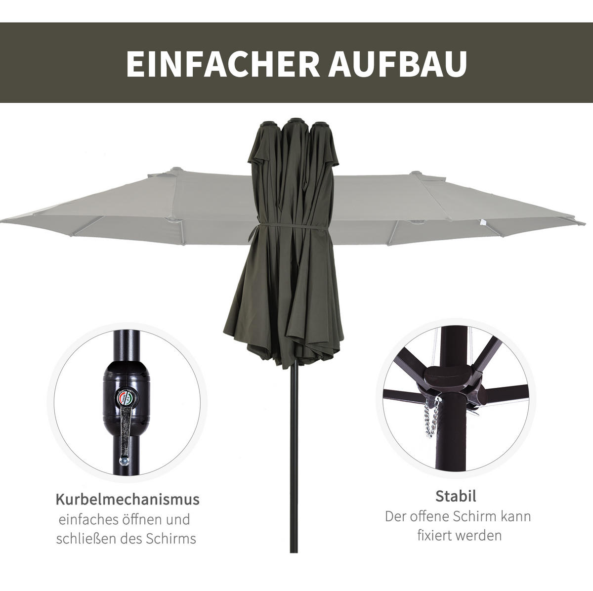 DOPPEL-SONNENSCHIRM aus Stahl 460x270x240 cm in Grün mit Handkurbel - Grün, Metall (270/460cm) - Modfu