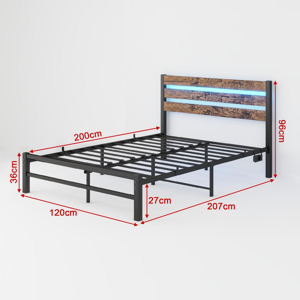 METALLBETT 120x200 cm LED USB Kopfteil - Dunkelbraun, Holzwerkstoff (120/200cm) - LEBENLANG