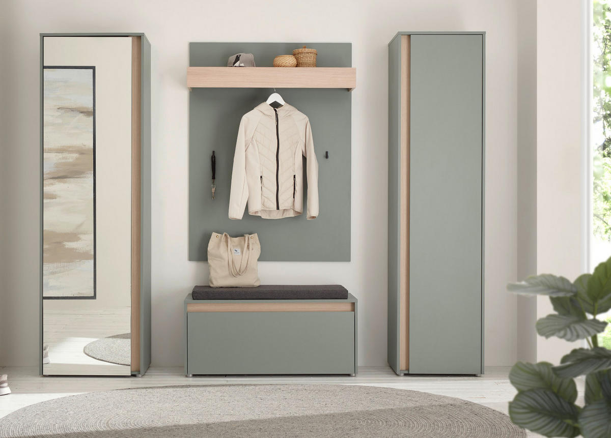 GARDEROBE Komplett-Set 5-teilig in Salbei Grün mit Eiche, Flurgarderobe 230 x 200 cm, inkl. Sitzkissen - Salbeigrün/Eichefarben, Glas/Holz (230/200/40cm) - Furn.Design