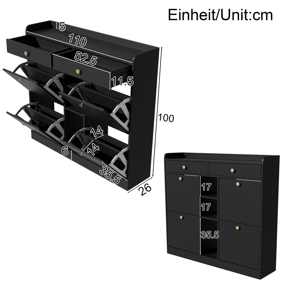 SCHUHSCHRANK aus Spanplatte 110x26x100cm in Schwarz mit Klappentüren - Schwarz, Holzwerkstoff (110/100/26cm) - Modfu