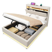 POLSTERBETT 140/200 cm mit LED-Beleuchtung, USB- und Typ-C-Anschluss, hydraulischem Stauraum und Leinenbezug, Beige - Beige, Textil (140/200cm) - Redom