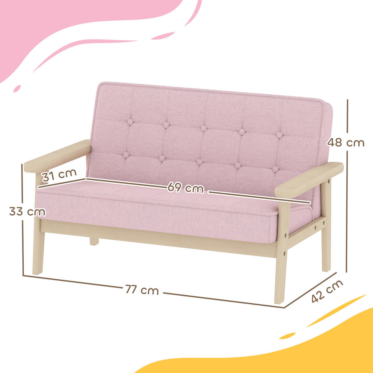 KINDERSESSEL Kindersofa gepolsterter Kinderstuhl mit Holzrahmen Samtoptik - Rosa/Naturfarben, Holz/Textil (42/48/77cm) - AIYAPLAY