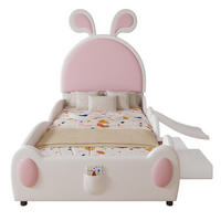 KINDERBETT 90/200 cm mit Rutsche, Treppe und Hasenohren-Kopfteil aus PU, Weiß/Rosa - Rosa, Kunststoff (90/200cm) - Redom