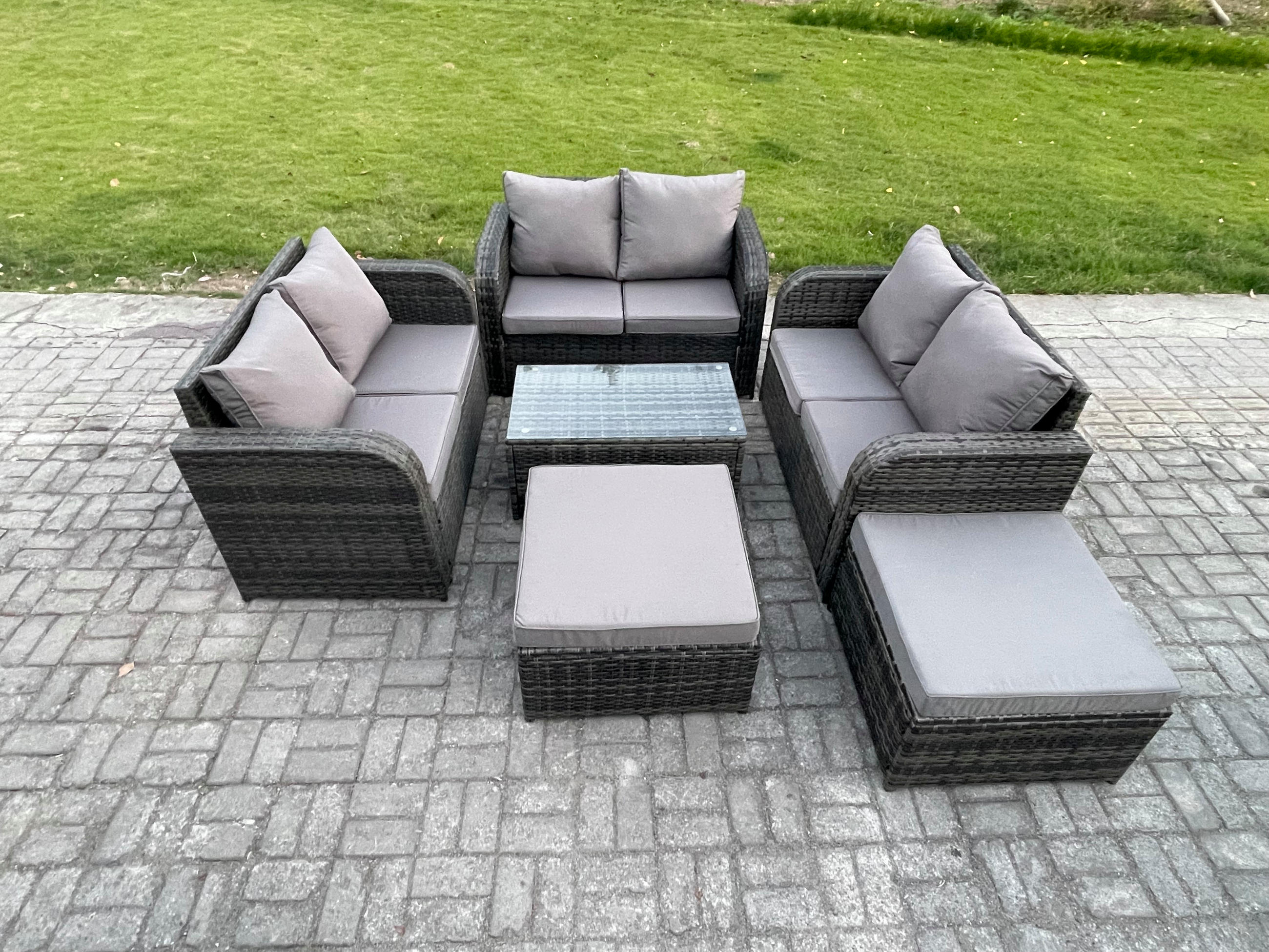 GARTENMÖBELGARNITUR mit KISSEN Polyrattan Dunkelgrau 8-Sitzer - Dunkelgrau/Grau, Glas/Kunststoff - Fimous