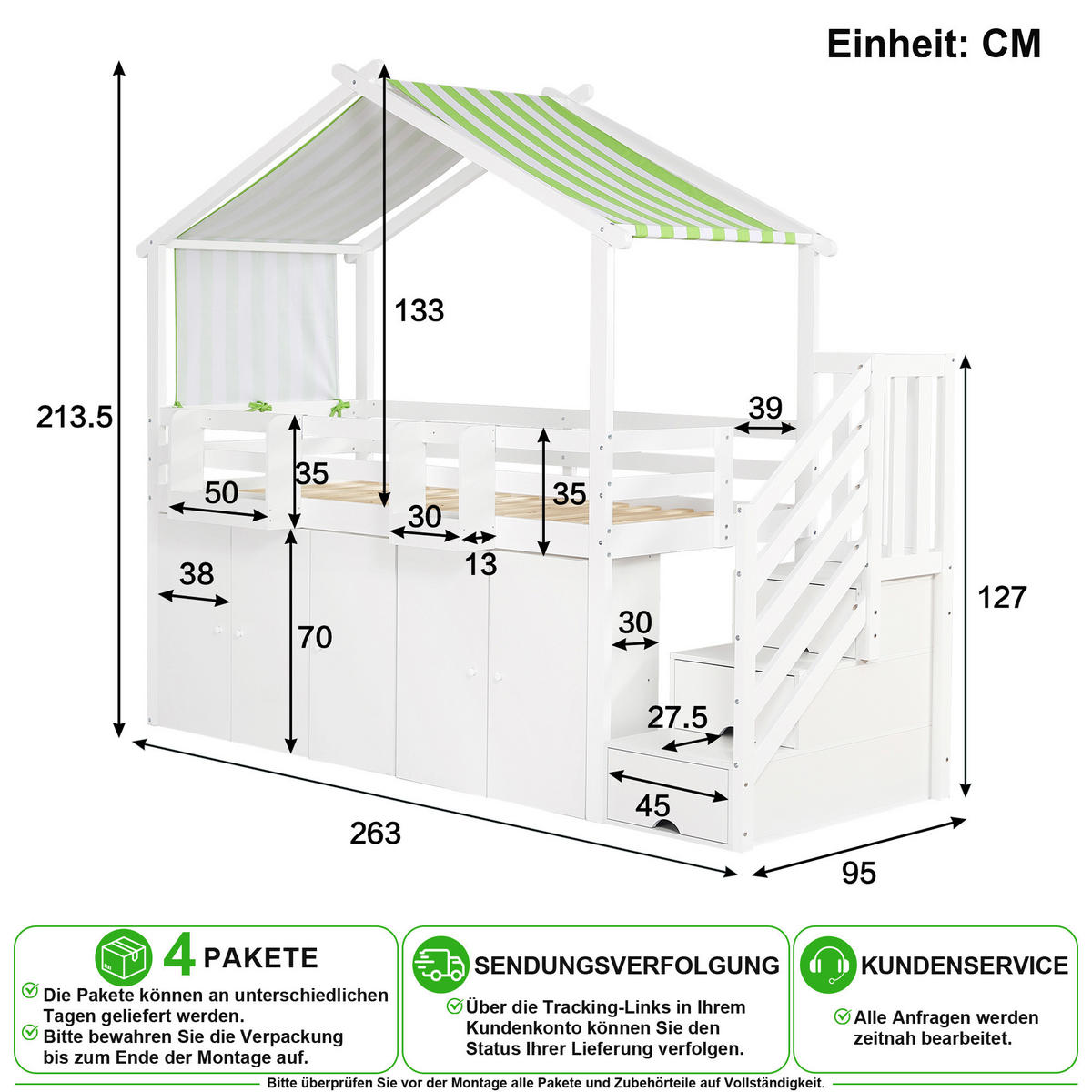 ETAGENBETT 90/200 cm in Weiß & Grün mit Stauraumtreppe, Schrank und Schließfächern - Weiß, Holz/Holzwerkstoff (90/200cm) - CHICFURN