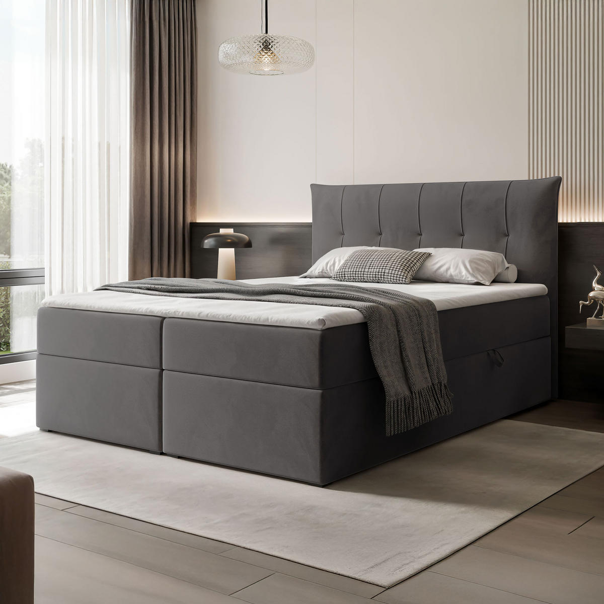 BOXBETT CHESTER 160/200 cm mit Matratze und Topper, Grau - Grau, Holzwerkstoff/Textil (160/200cm) - Idohome