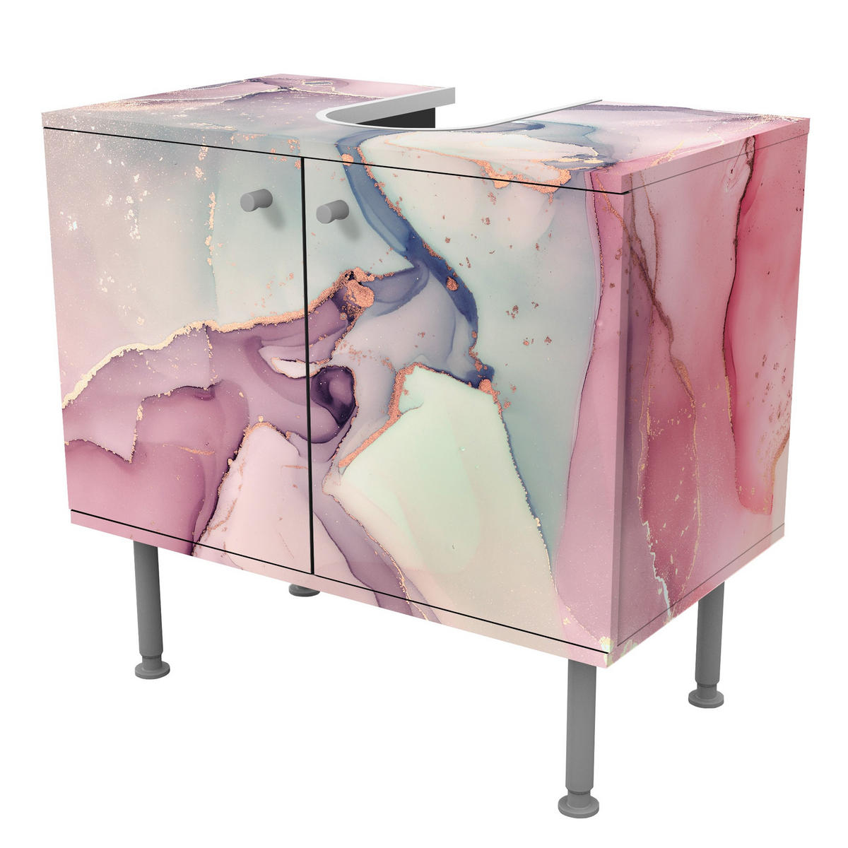 WASCHBECKENUNTERSCHRANK Aquarell Pastell Rosa mit Gold 60/55/35 cm - Pastellblau, Holzwerkstoff (60/55/35cm) - Bilderwelten