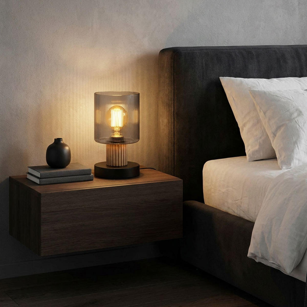 LED TISCHLEUCHTE Holz, Glas rauchfarben, Schwarz - Schwarz, Holz (12/12/21cm) - Globo Lighting