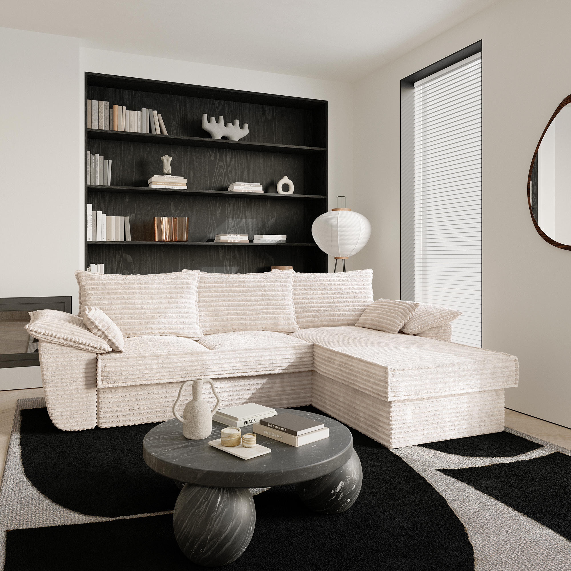 ECKSOFA RECHTS Gerippter Samt XXL Creme 257cm - Creme, Textil (257/168cm) - Sia Home