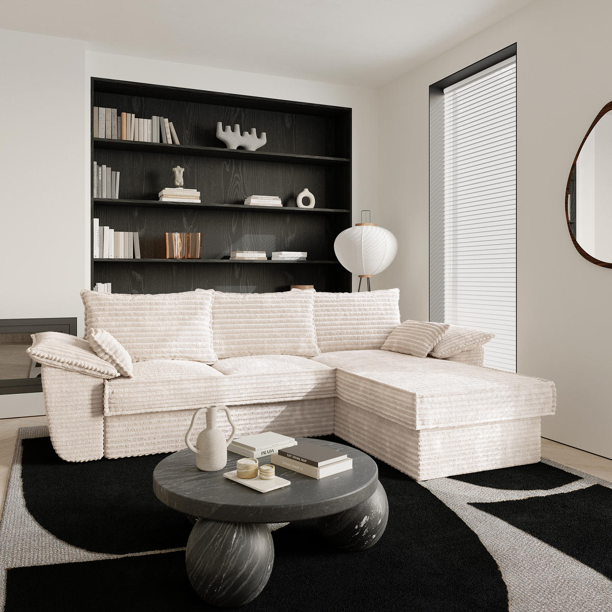 ECKSOFA RECHTS Gerippter Samt XXL Creme 257cm - Creme, Textil (257/168cm) - Sia Home