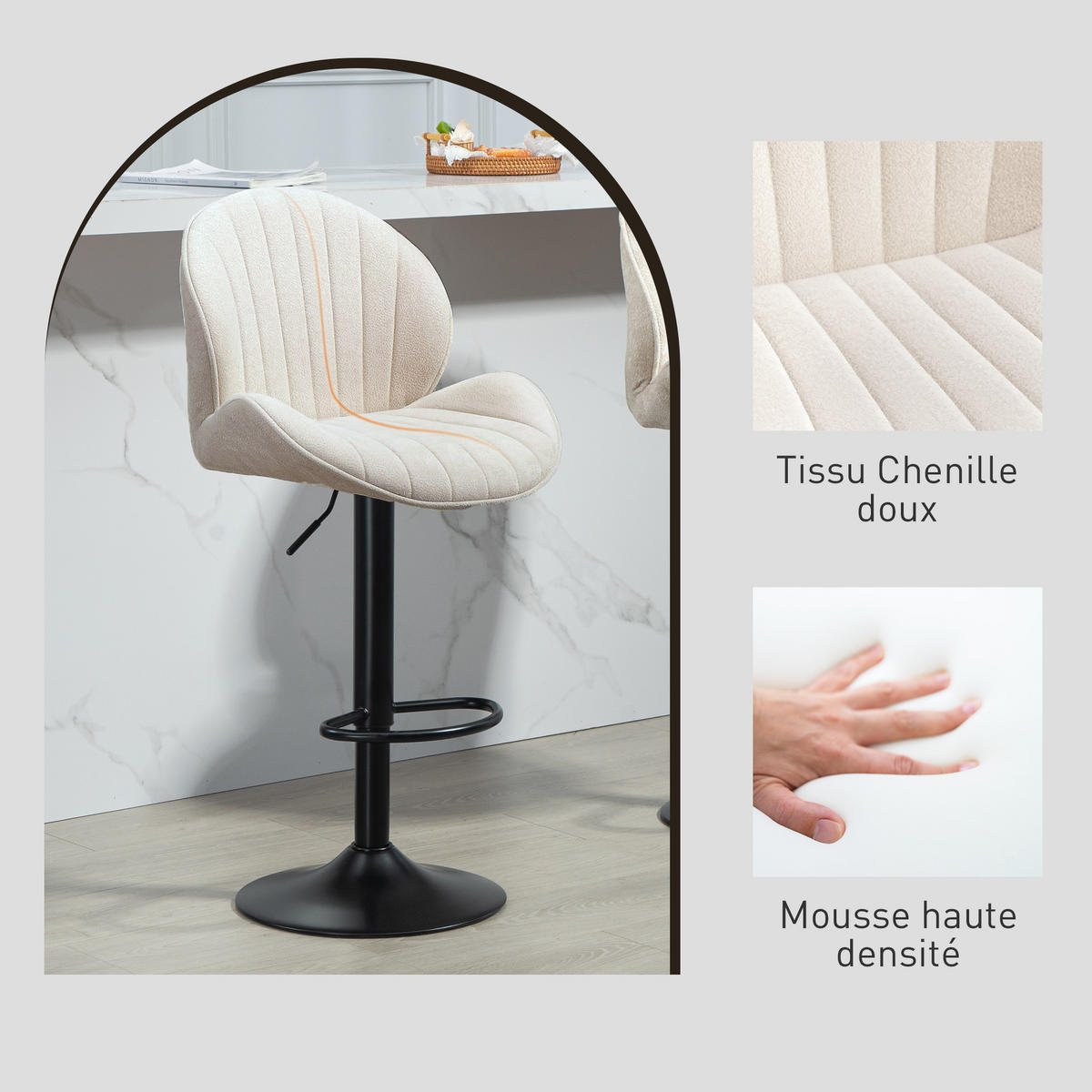 BARHOCKER 2er-Set DE-14755 muschelförmig & höhenverstellbar Beige - Beige, Metall (48/115/50cm) - ComfortXL