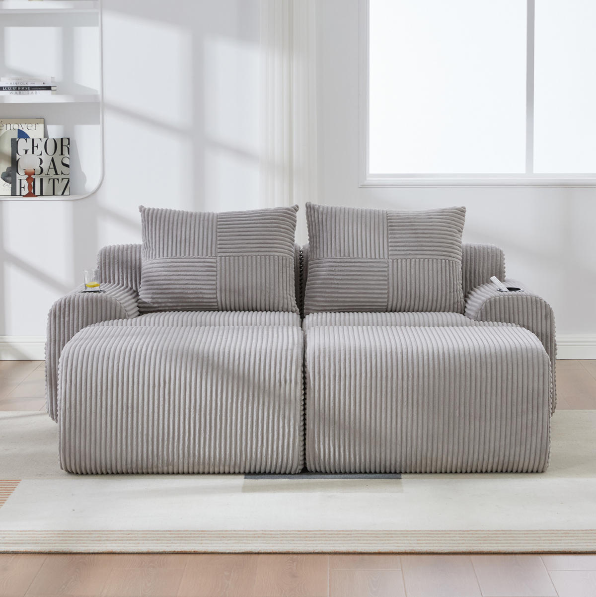 MODULARES 2-Sitzer Sofa Cord mit Getränkehalter und Seitentasche 200/174/80 cm Hellgrau - Hellgrau, Textil (174/80/200cm) - Redom