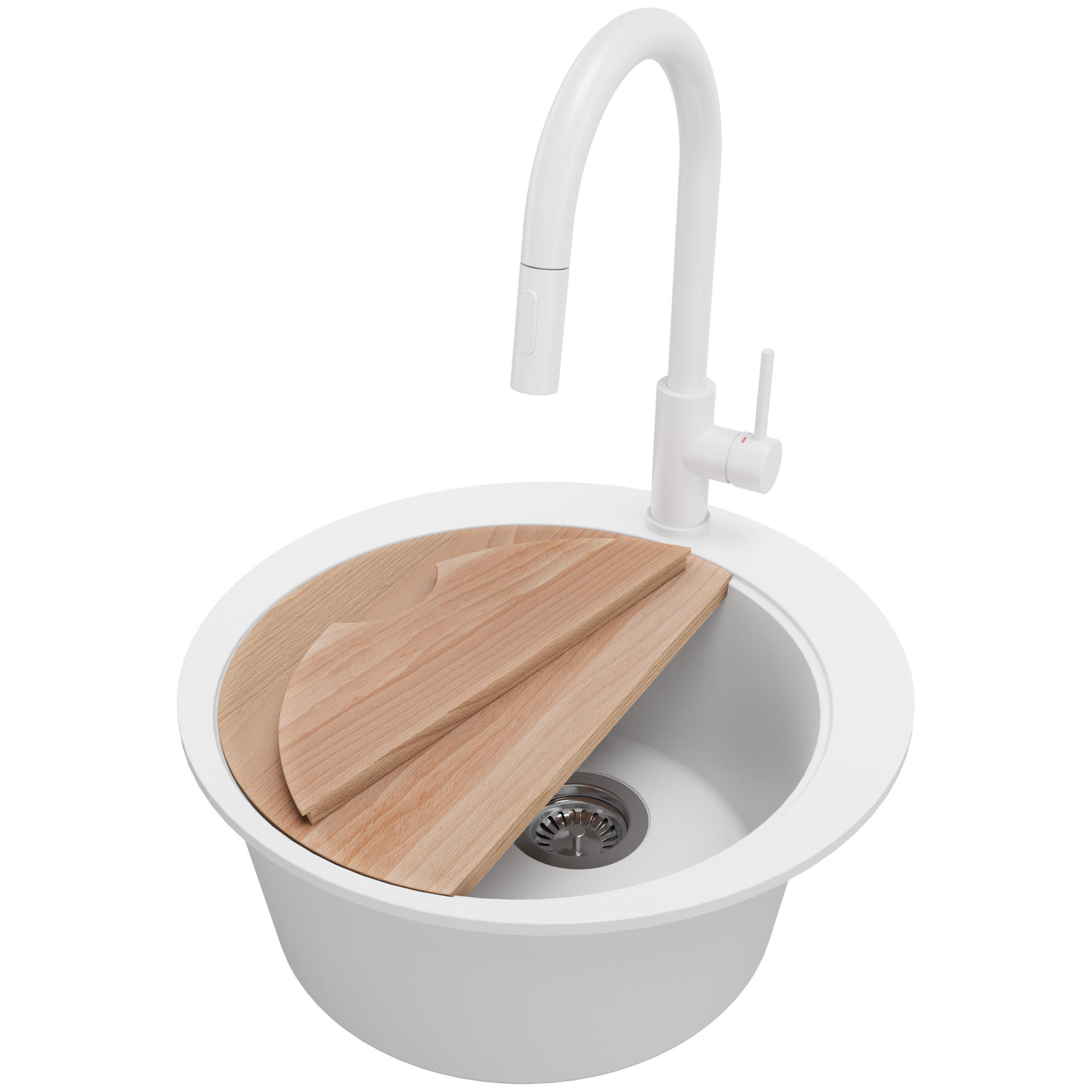 GRANITSPÜLE Pisa, 2-er set Weiß 50/50 cm 1 Becken + Küchenarmatur 40/20 cm + Ablauf-Set + Schneidebrett ab 45er Unterschrank - Chromfarben/Beige, Kunststoff (50/20/50cm) - Primagran