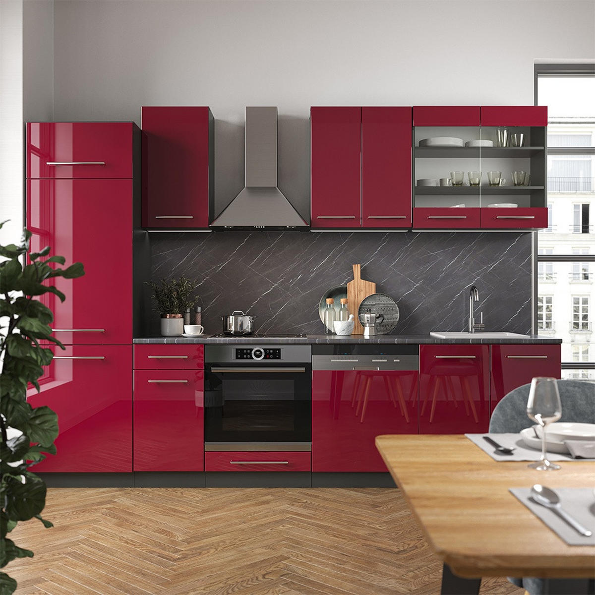 KÜCHENZEILE Fame-Line Bordeaux Hochglanz/Anthrazit 300 cm , AP Anthrazit - Bordeaux/Anthrazit, Holzwerkstoff (300/81.6/60cm) - Vicco