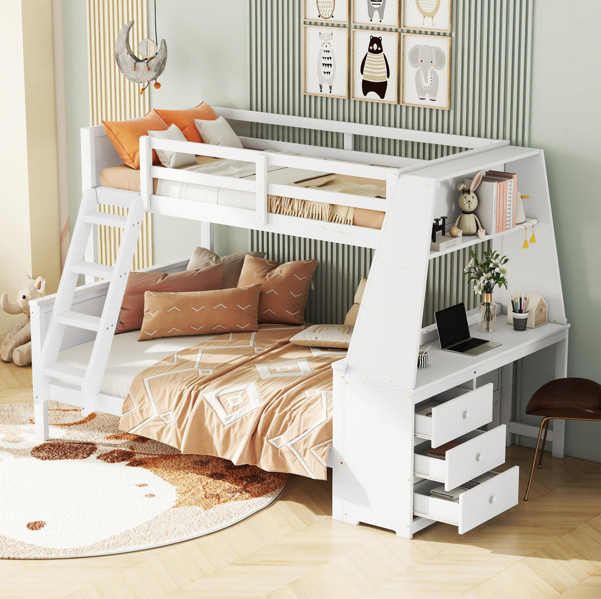 ETAGENBETT 90/200 + 140/200 cm aus Kiefer massiv und MDF mit Schreibtisch und Stauraum Weiß - Weiß, Holz (90/200cm) - Modenvie