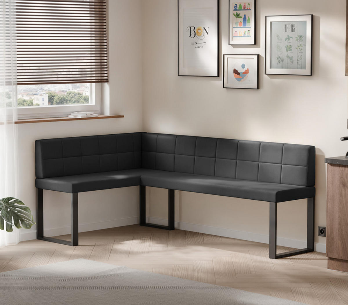 ECKBANK links SANA U Kunstleder gesteppt, 128/168 cm Schwarz - Schwarz, Kunststoff/Textil (128/168cm) - Idohome