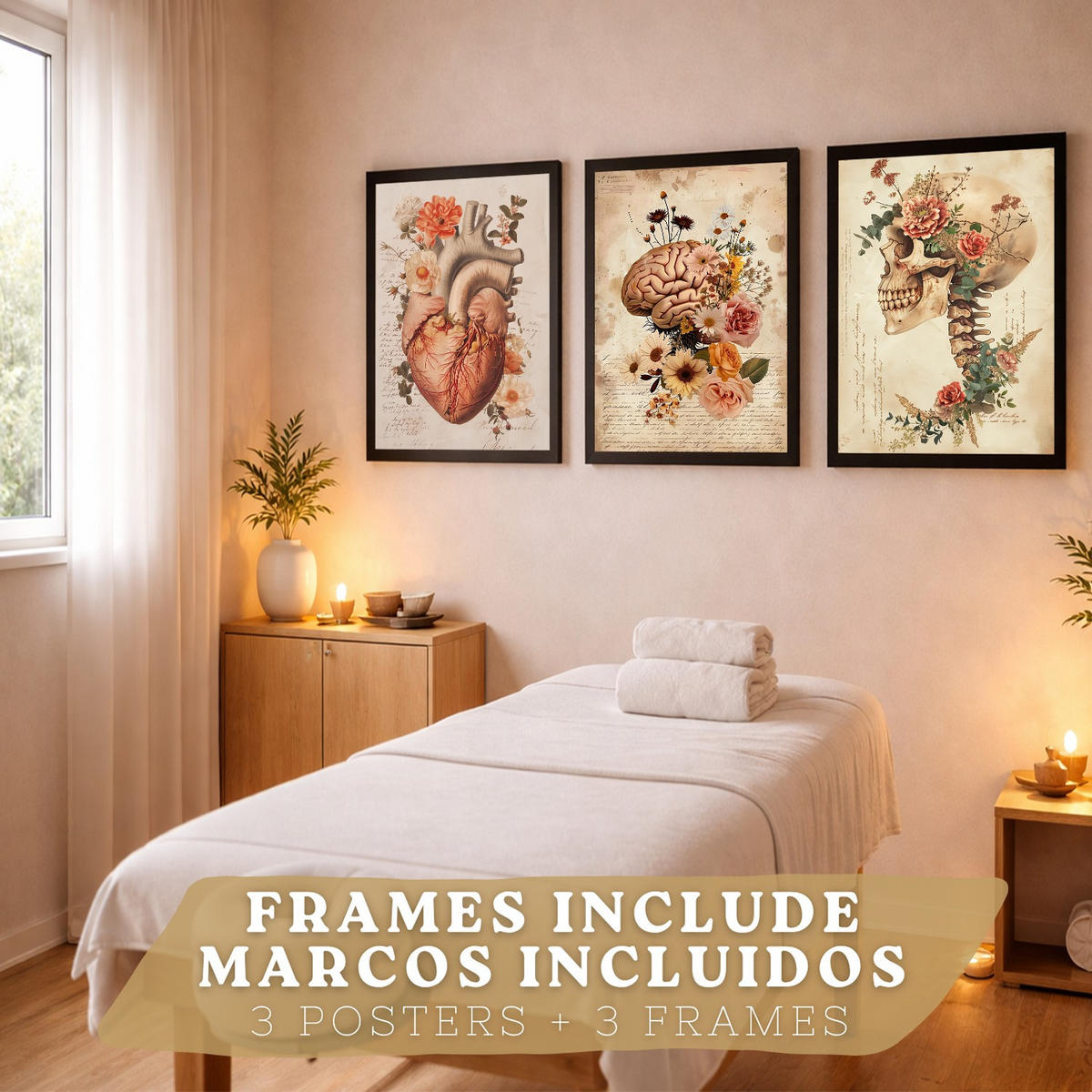 POSTER Set aus 3 Anatomie Mensch Drucke und Wandbilder mit Herz Gehirn und Schädel Vintage Floraler Stil Wanddekoration Größe Schwarzer Rahmen A3 - Schwarz, Papier (29.7/42/3cm) - Nacnic