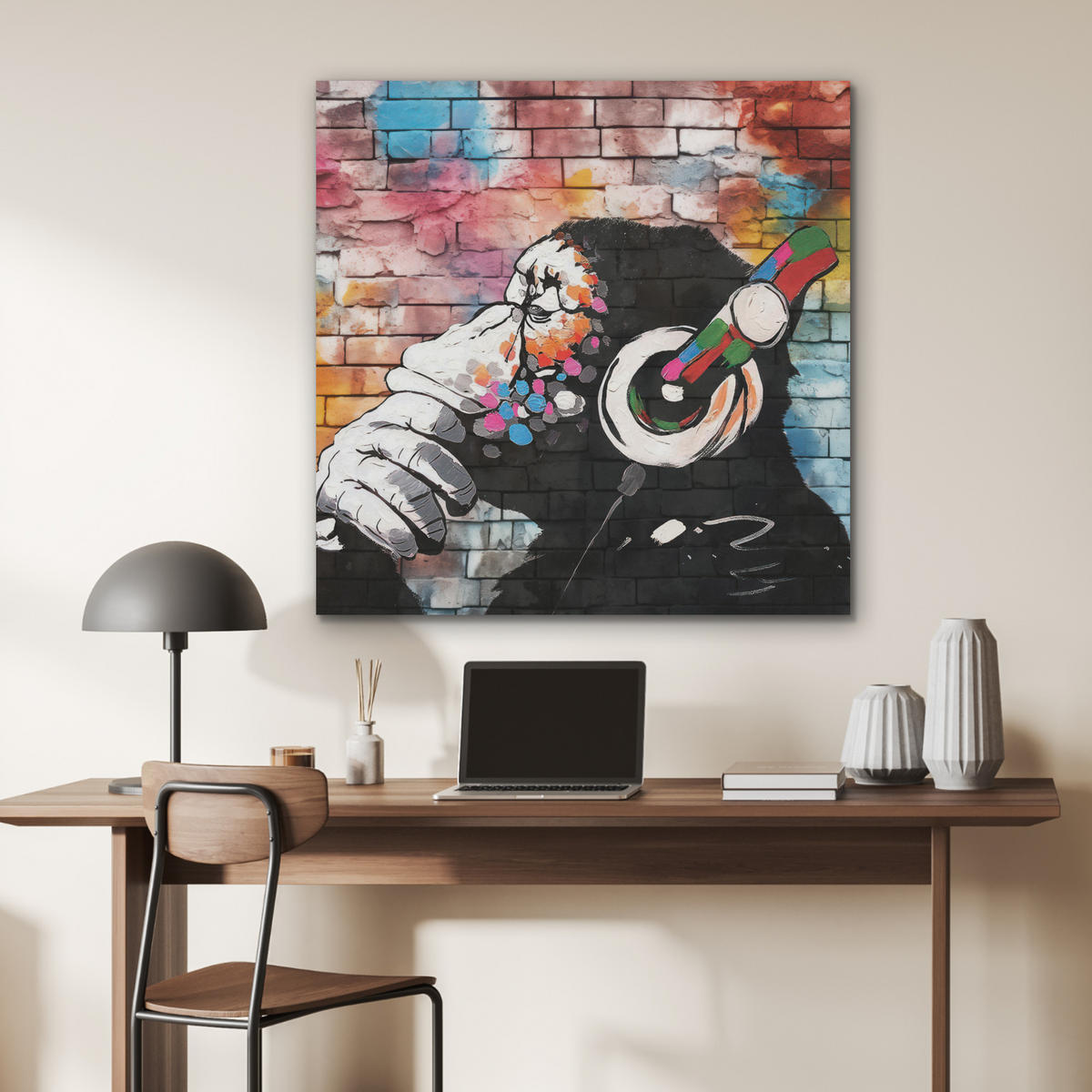 AKUSTIKPANEEL Affe - Graffiti - Musik 90x90 cm - Multicolor, Textil (90/0.9/90cm) - MuchoWow