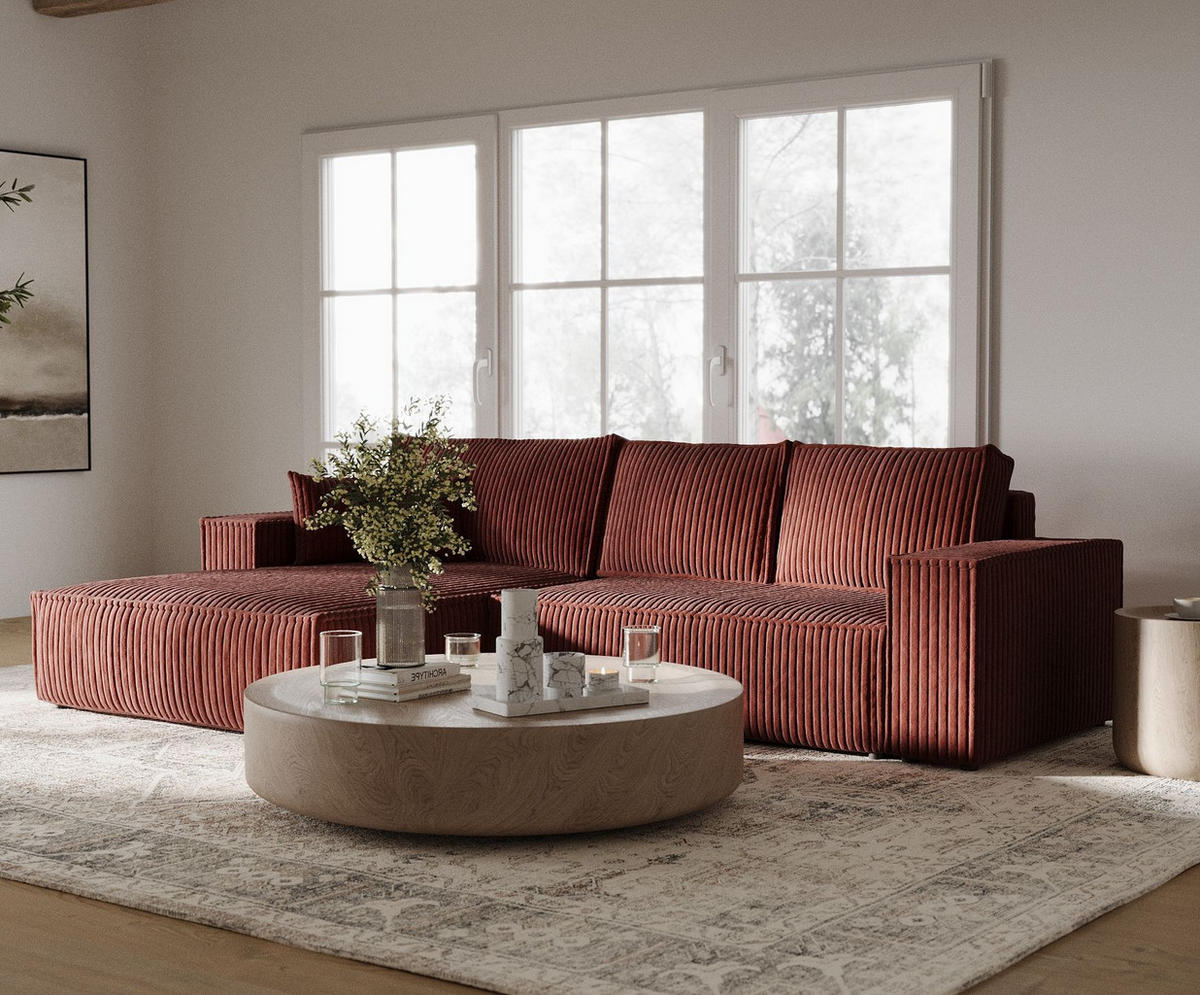 ECKSOFA Maze Ziegelfarbe Plüsch - Links Seite - Rostfarben/Schwarz, Holz/Holzwerkstoff (185/294cm) - Maison de Reve