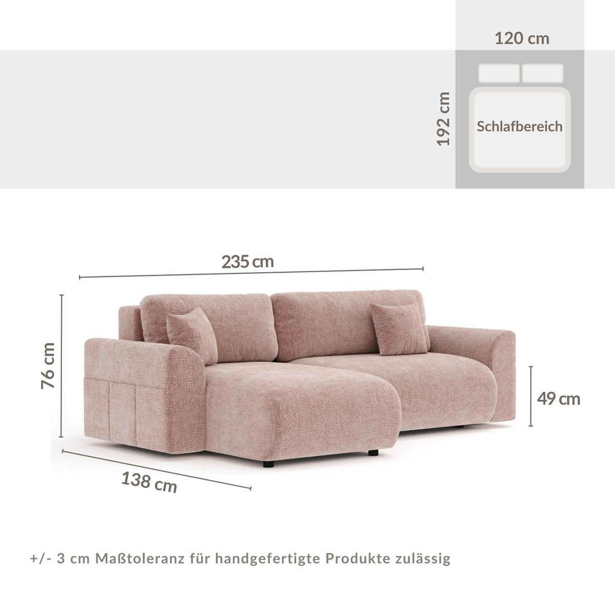 ECKSOFA MIT SCHLAFFUNKTION Bodega Rosa Chenille - Schwarz/Rosa, Holz/Holzwerkstoff (235/138cm) - Maison de Reve