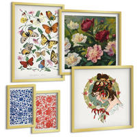 BILDER SET 5er Set - 50x50 cm & 20x30 cm & 40x60 cm Goldrahmen - Vintage-Blumen-Schmetterlings-Ornamente - Goldfarben, Kunststoff (40/60cm) - TULUP
