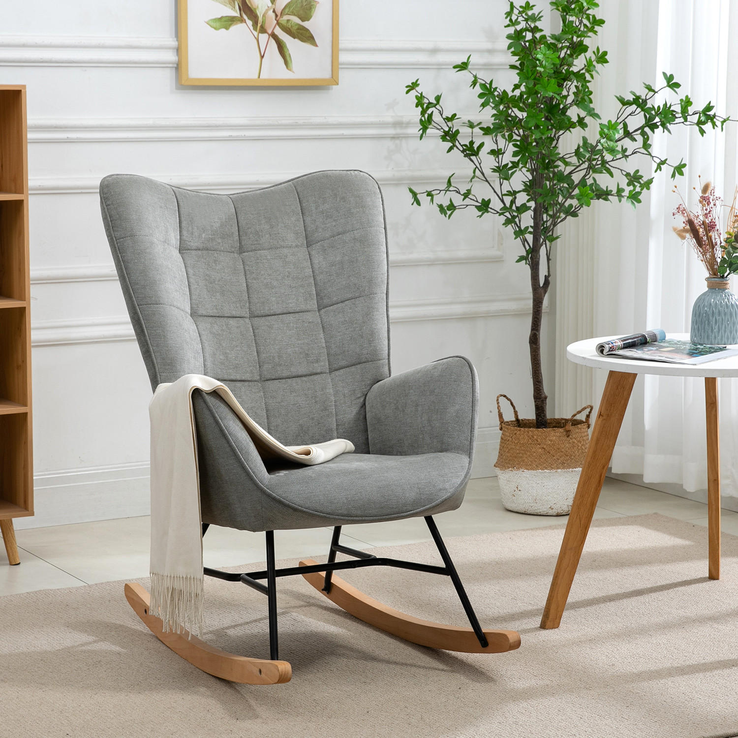 SCHAUKELSTUHL im skandinavischen Stil zum Stillen, Stoffbezug, Holz- und Metallbeine, Grau - Grau, Holz/Textil (66/97/84cm) - Meubles Cosy