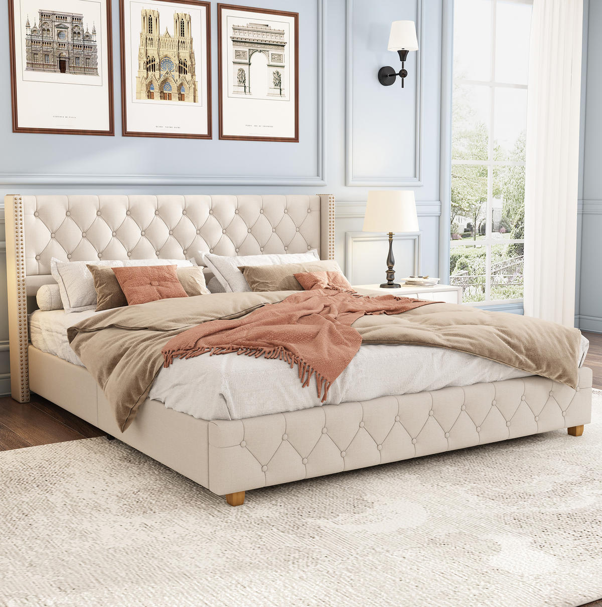 POLSTERBETT mit Kopfteil 160x200 cm Leinen Beige - Beige, Metall (160/200cm) - Meubliv