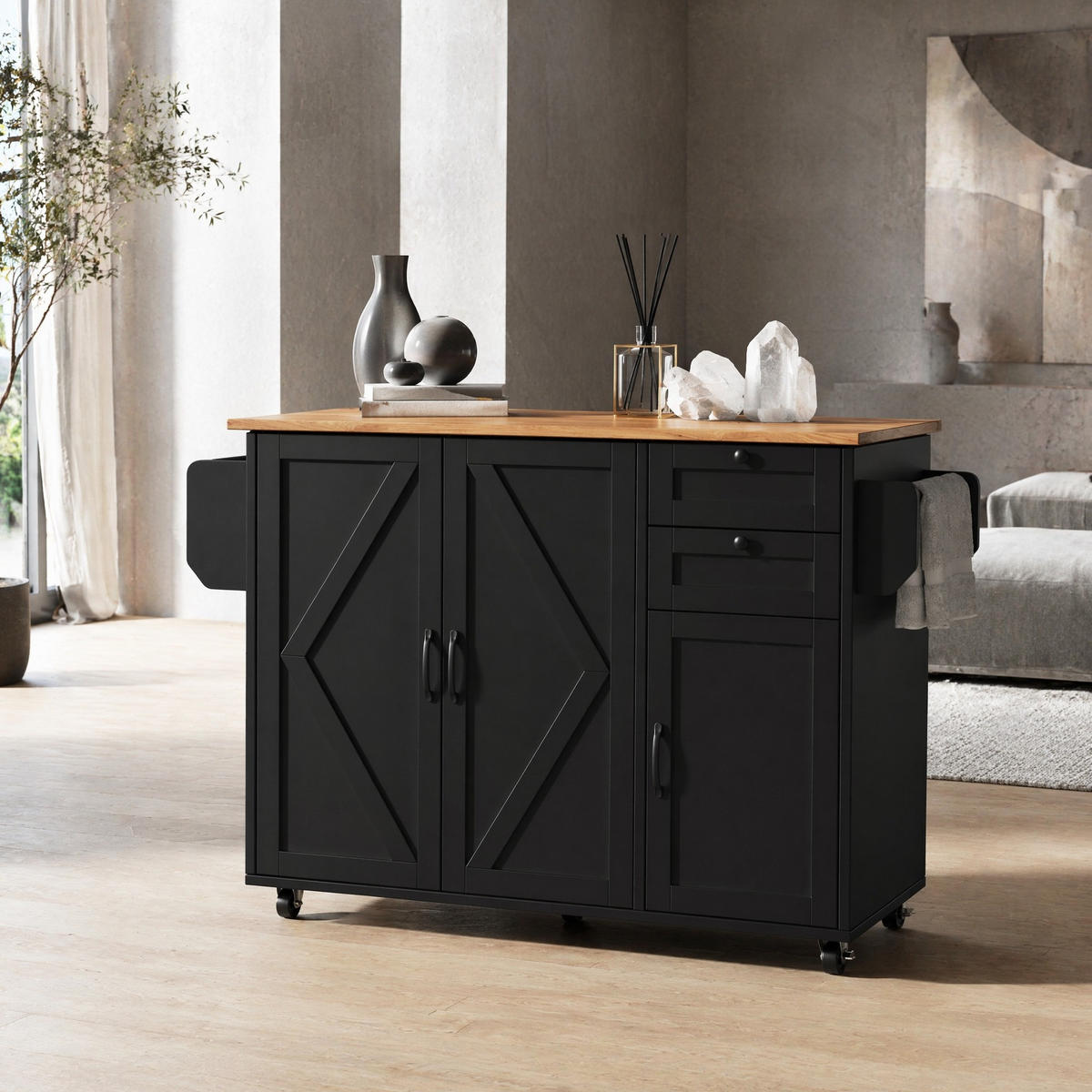 KÜCHENINSEL in Schwarz mit Speicherraum und Snackregalen für Küche und Esszimmer, B120/T43.2/H92 cm - Schwarz, Holzwerkstoff/Metall (120/92/43.5cm) - STILVORA