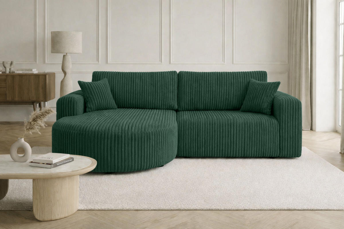 ECKSOFA Mit Schlaffunktion, Cordstoff Tilia, Grün, Links, ROUND ONE - Grün, Holz (244/175cm) - Kaiser Möbel