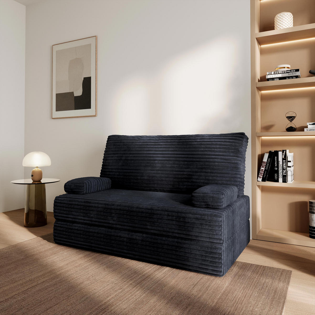 POHOVKA z pěny LADIA s funkcí spaní Manšestrová látka Černá - černá, textil (140/86/60cm) - MASSENO