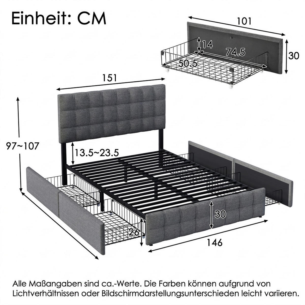POLSTERBETT 140/200 cm Grau mit 4 Schubladen - Grau, Textil/Metall (140/200cm) - Oxeza