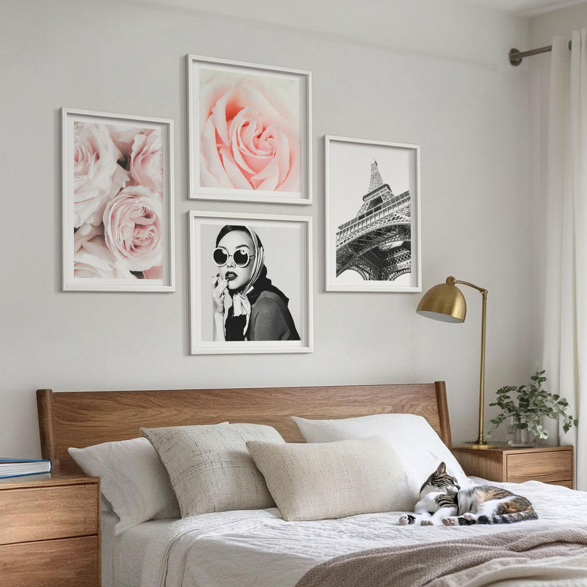 WANDBILDER 4er-Set - 50x50 cm & 40x60 cm Weißer Rahmen - Eiffels Porträt einer Frau mit Rosen - Weiß, Kunststoff (50/50cm) - ArtPrintCave