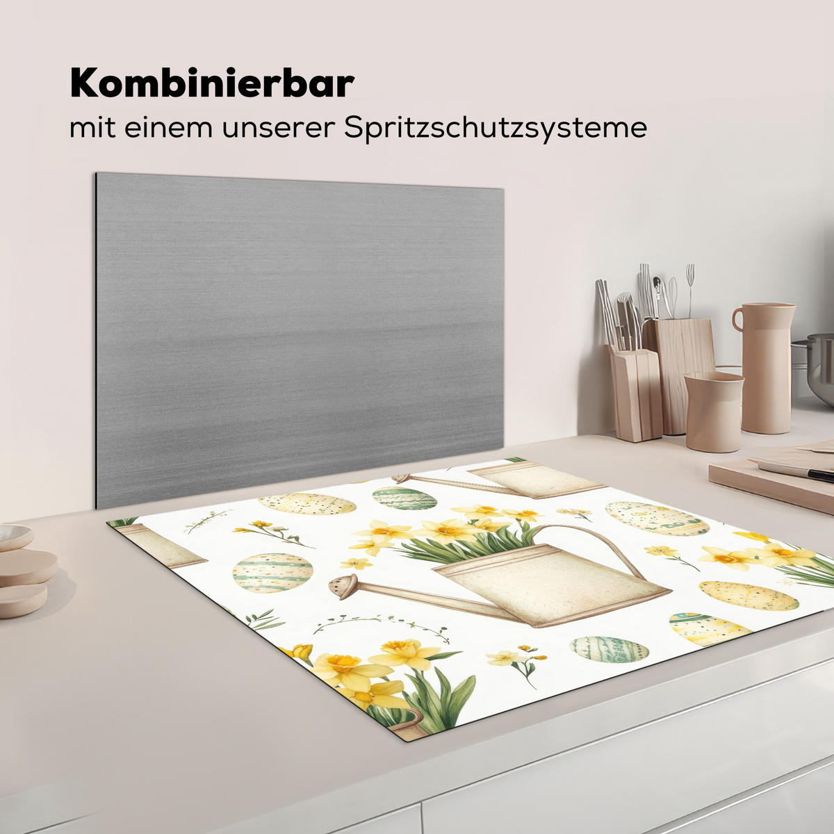 HERDABDECKPLATTE Gießkanne - Blumen - Eier Induktionsmatte 78x78 cm - Weiß, Kunststoff (78/78/0.2cm) - MuchoWow