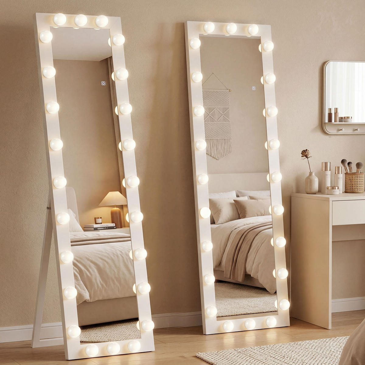 STANDSPIEGEL DE-09886 LED mit 24 Glühbirnen, 3 Lichtfarben Weiß - Weiß, Glas (40/150/4cm) - ComfortXL