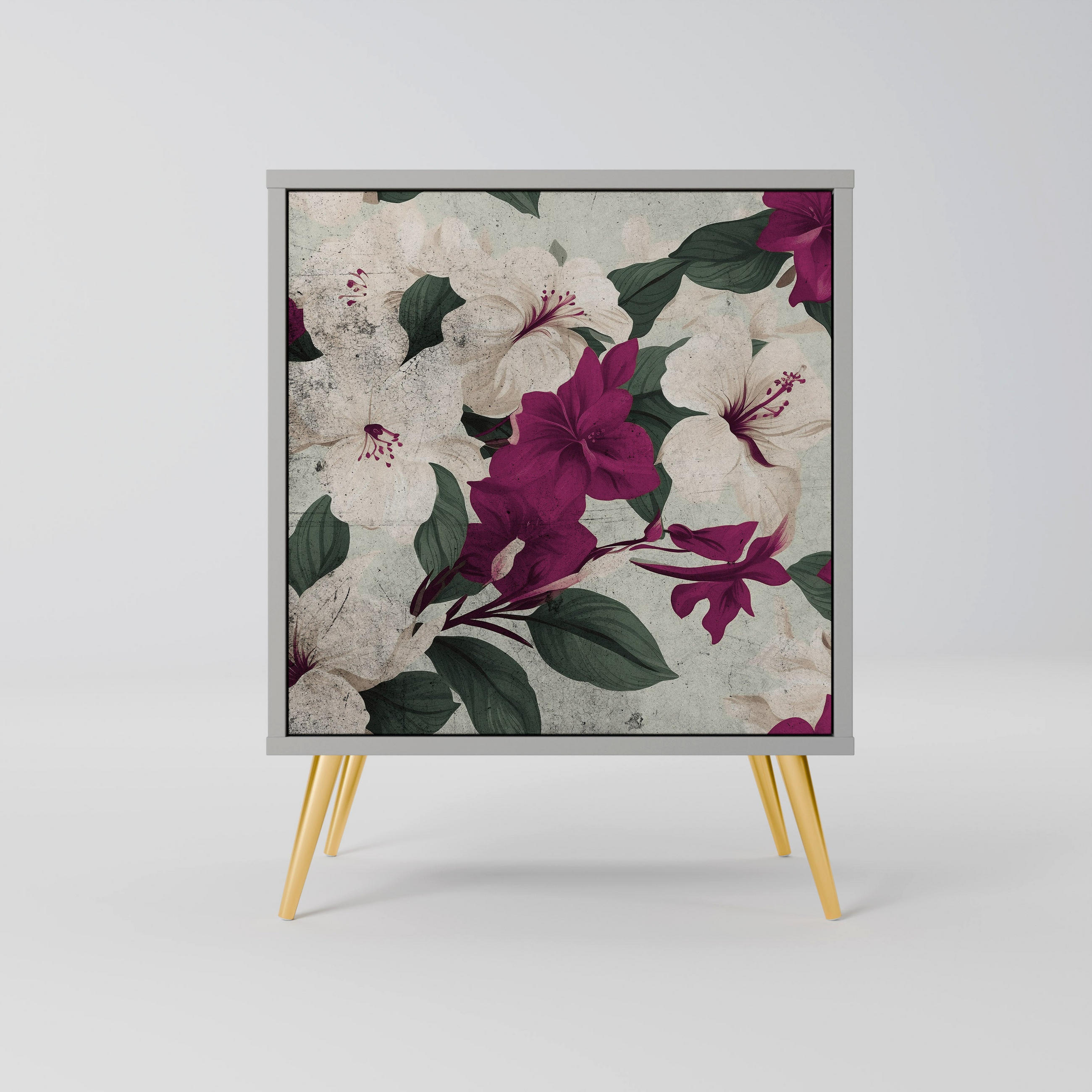 SIDEBOARD FLOWERET DREAM, Grau, 57,5x42x75,5 cm, Goldfarbene Metallfüße - Goldfarben/Multicolor, Holzwerkstoff/Metall (57.5/75.5/42cm) - SpaceRebels