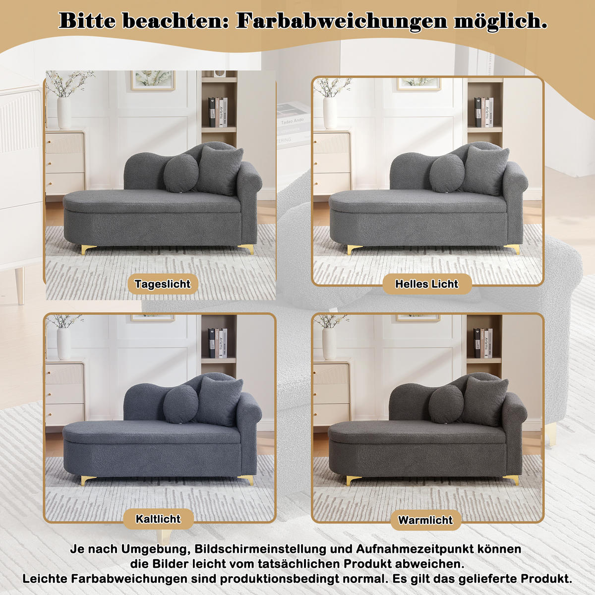 CHAISELONGUE mit Stauraum 134 cm, Teddyplüsch, modernes Design, wellenförmige Rückenlehne, inkl. Lenden- & Nackenkissen - Grau, Textil (64/70/134cm) - Ej. Life
