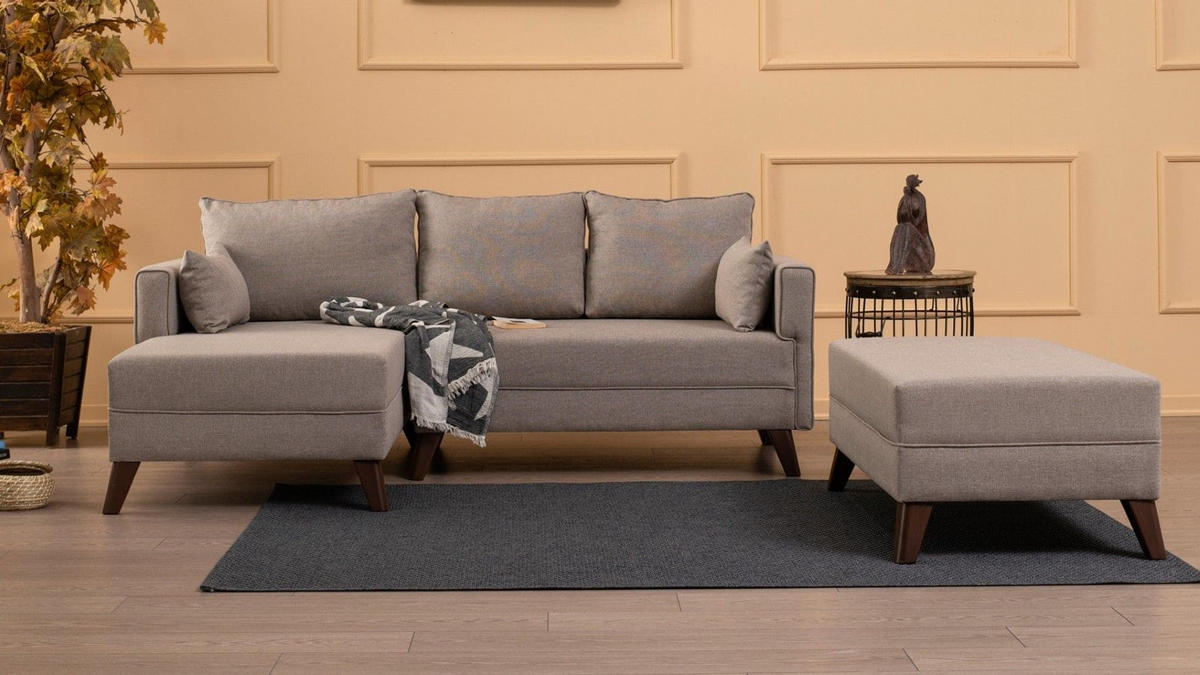 ECKSOFA mit Hocker als Schlaffläche, perfekt für kleine Räume - Walnussfarben/Creme, Holz/Kunststoff (205/140cm) - myHomelando