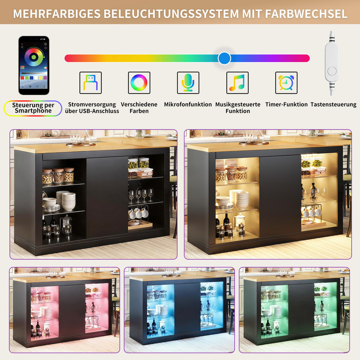 ESSTISCH Ausziehbar 120–197cm 360° RGB LED Stauraum - Schwarz, Holzwerkstoff (40/120/72cm) - FLIEKS