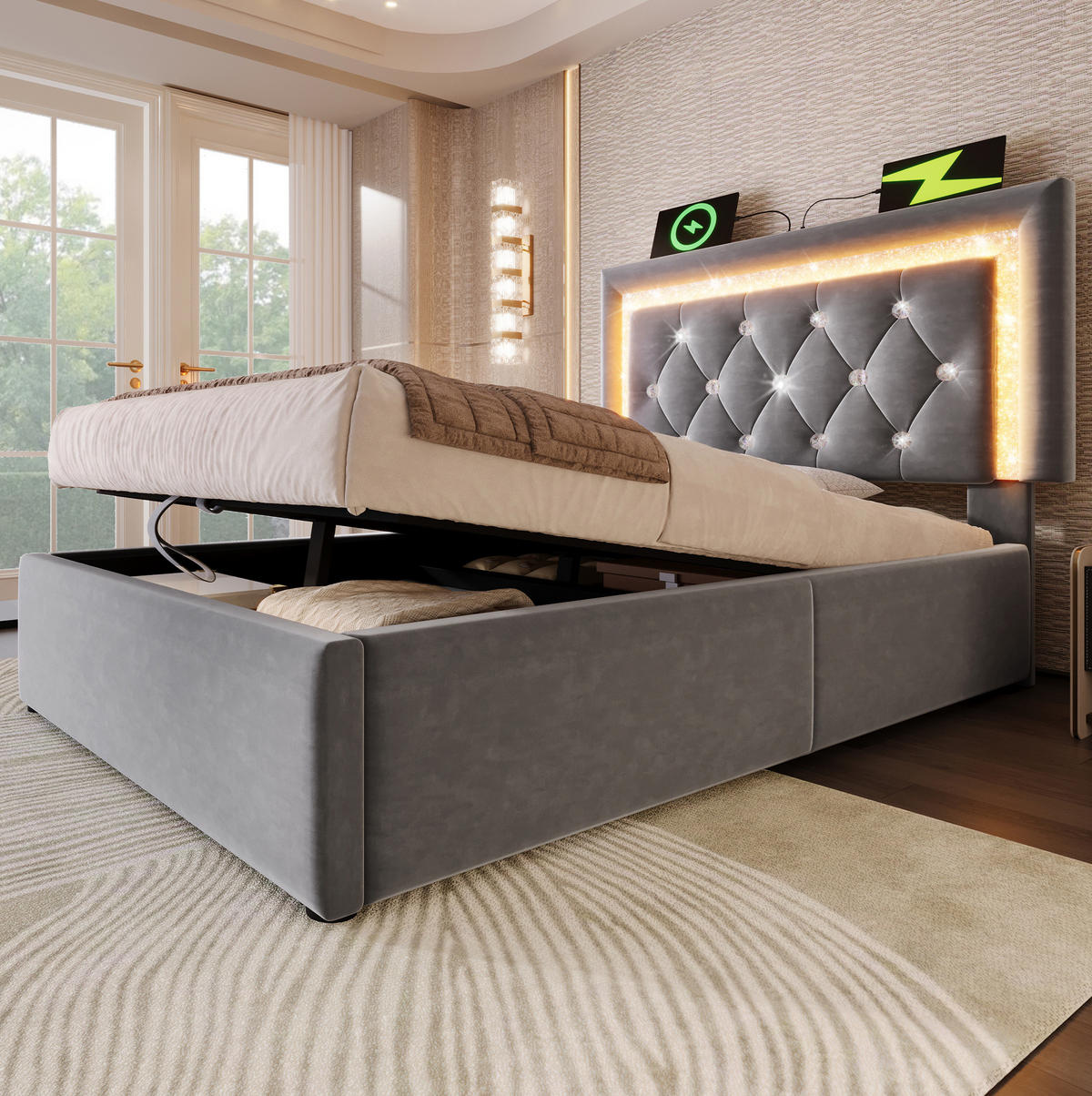 POLSTERBETT 90/200 cm aus Samt mit LED-Kopfteil USB Typ-C und Bettkasten Grau - Grau, Textil (90/200cm) - Modenvie