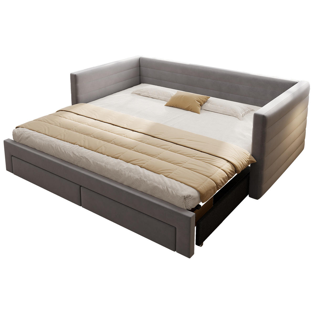 POLSTERBETT 90/190 cm ausziehbar mit 2 Schubladen und Lattenrost, Grau - Grau, Textil (90/190cm) - BEAOK