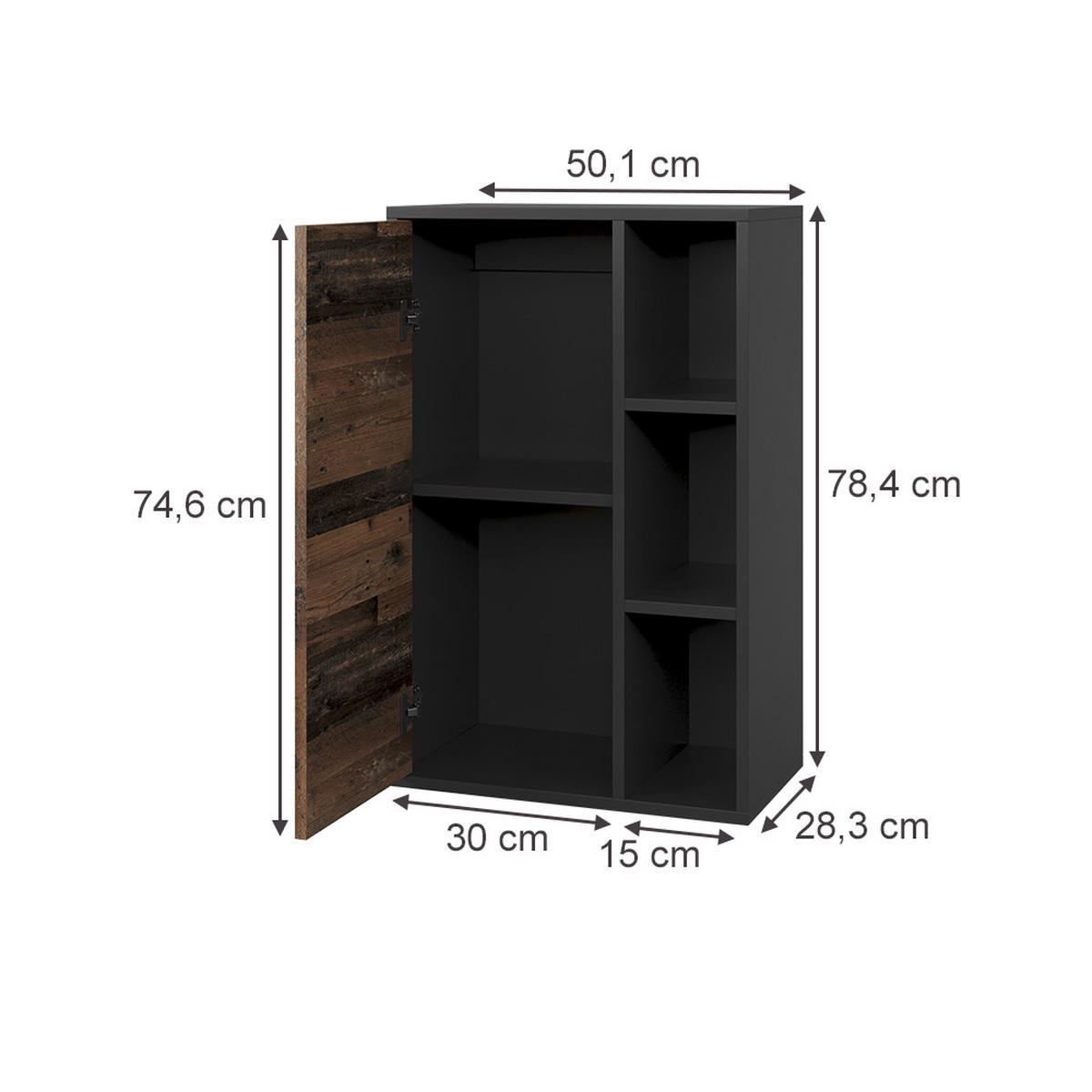 STĚNOVÁ POLICE Berno Černá/starý styl - černá/hnědá, kompozitní dřevo (50.1/78.4/28.3cm) - Vicco
