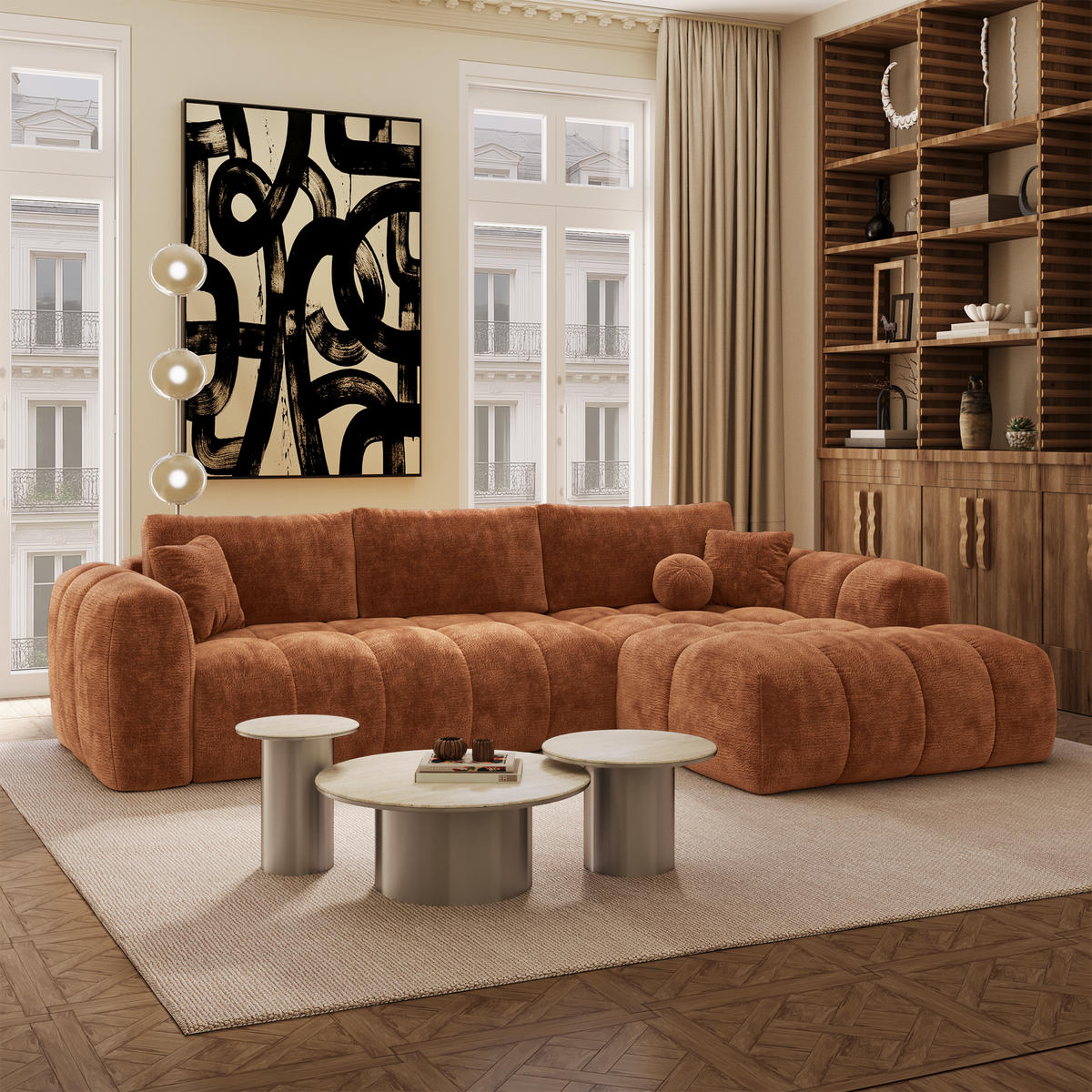 ECKSOFA rechtwinklig SKY Geprägter Samt Terrakotta 310cm - Dunkelorange/Terracotta, Textil (310/180cm) - Premium Interiors