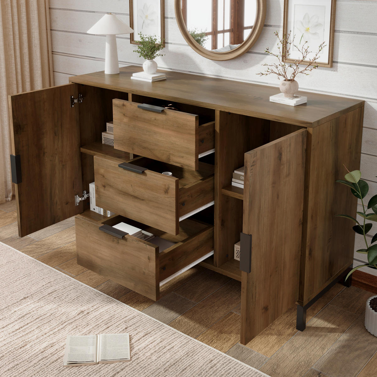 KOMMODE aus Spanplatte 120x40x76 cm Dunkle Eiche mit 2 Türen, 3 Schubladen und höhenverstellbarem Einlegeboden - Nussbaumfarben, Holzwerkstoff (120/76/40cm) - Modfu