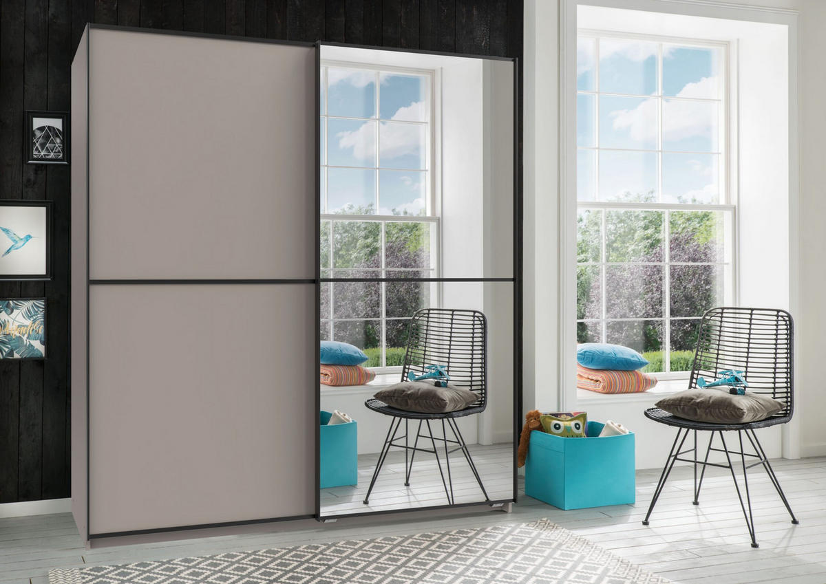 SCHWEBETÜRENSCHRANK Ulm in Saharagrau mit Aufleistungen in Schwarz 180 x 198 x 65 cm (B x H x T) Kleiderschrank mit Spiegel - Grau, Holzwerkstoff (80/200/120cm)