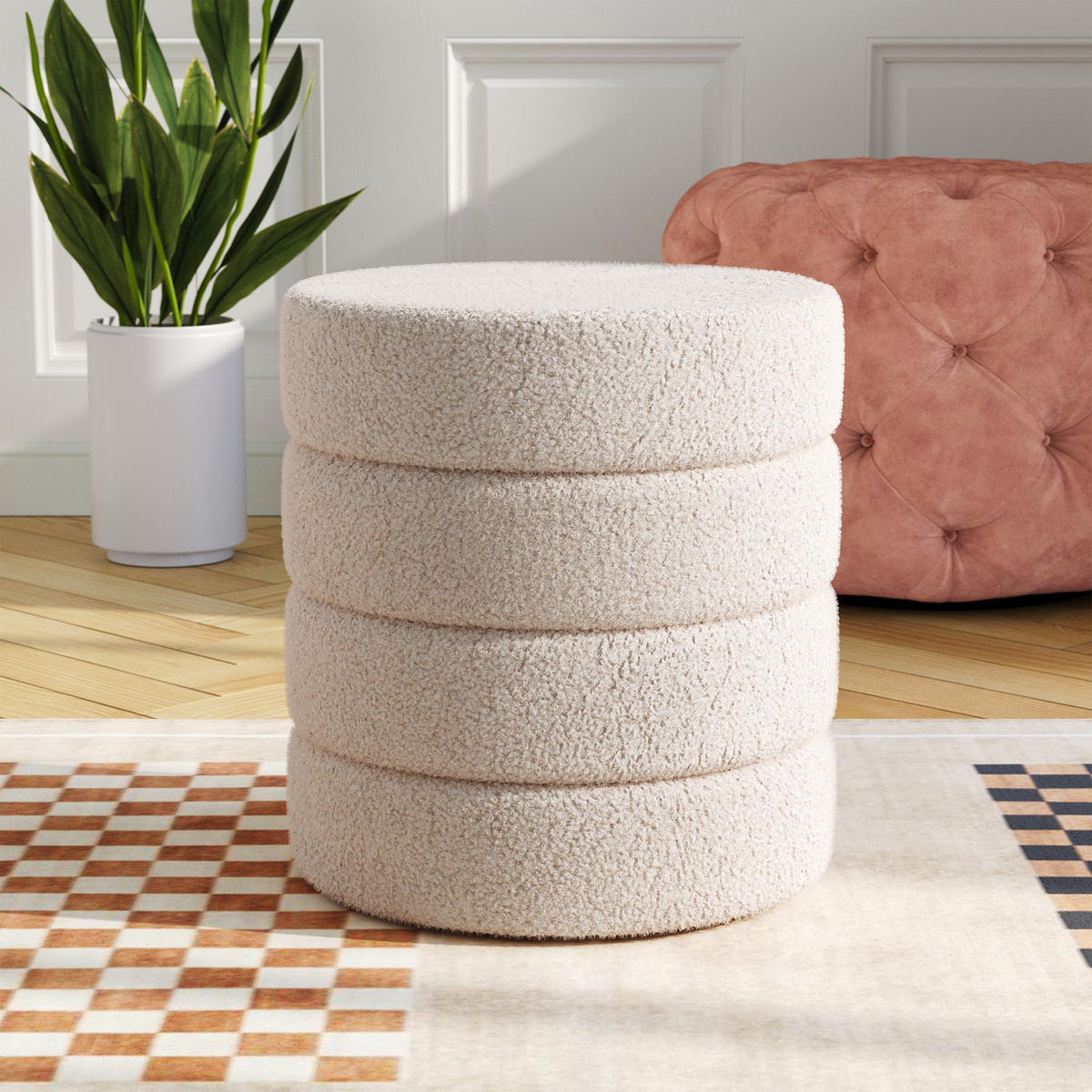 FUSSHOCKER 42/42/46 cm Zylindrisch Teddystoff Weiß - Weiß, Textil (42/46/42cm) - Livingandhome