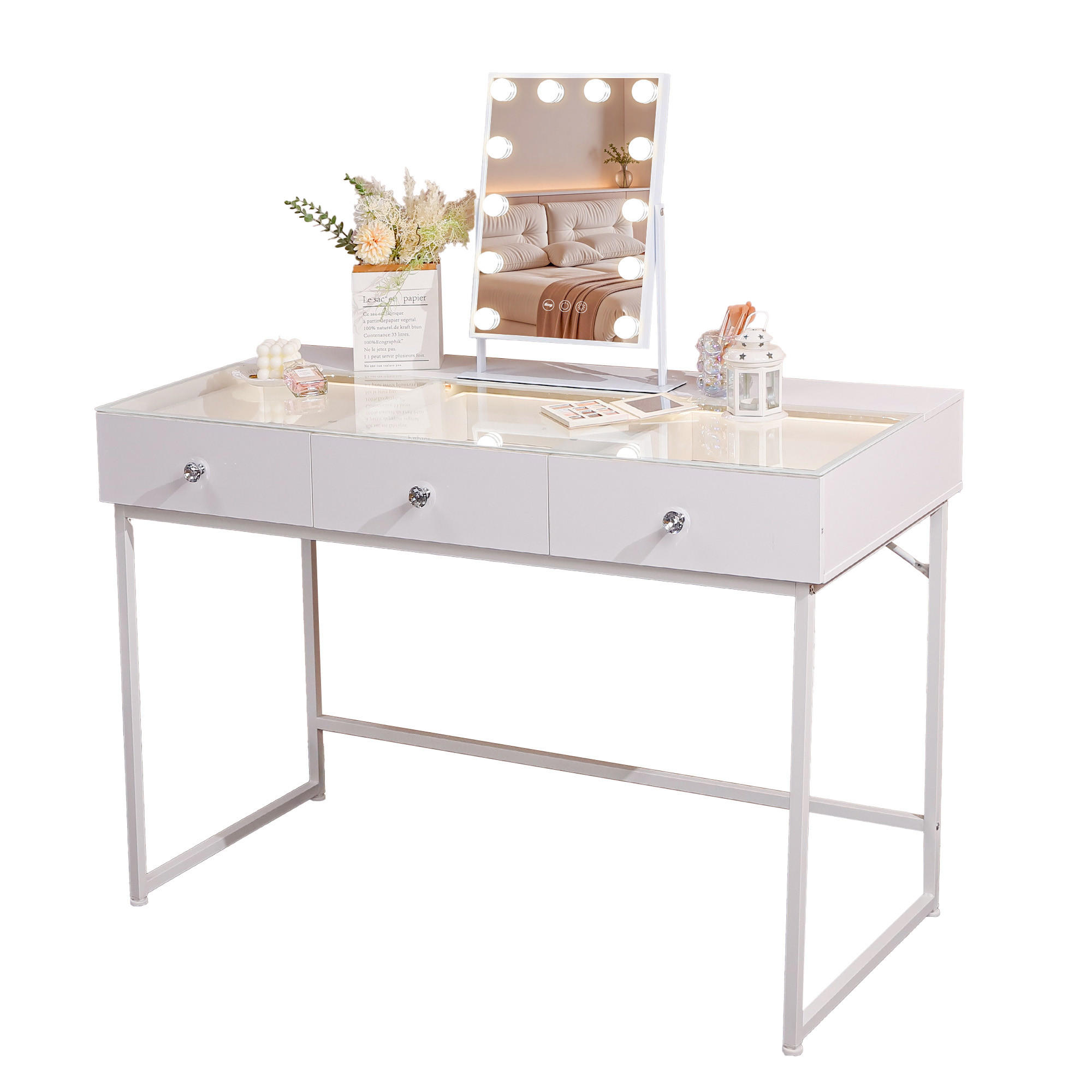 SCHMINKTISCH mit 3 Schubladen 115/55/81 CM und LED Beleuchtung Schminkspiegel Lichtleiste weiß 30/41 cm - Weiß, Holz (55/81/115cm) - VANITII