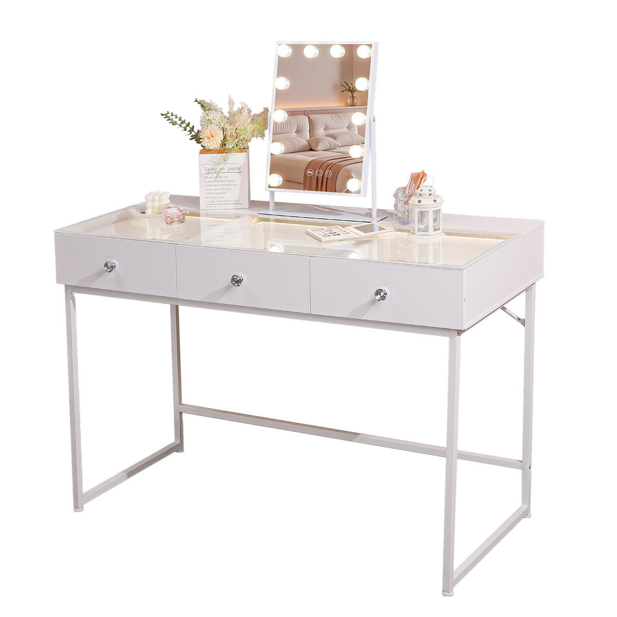 SCHMINKTISCH mit 3 Schubladen 115/55/81 CM und LED Beleuchtung Schminkspiegel Lichtleiste weiß 30/41 cm - Weiß, Holz (55/81/115cm) - VANITII