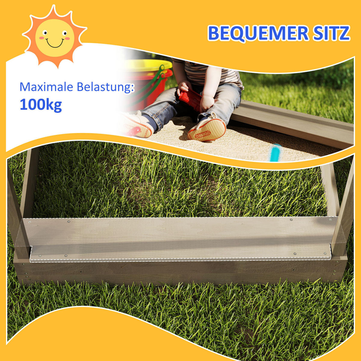 SANDKASTEN mit Dach, Sandkiste aus Holz mit Sitzplatz, Spielhaus für 3-7 Jahre - Grau, Holz (124/116/146cm) - Outsunny