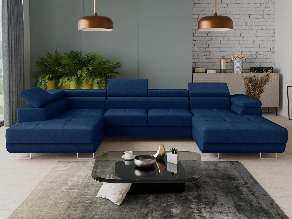 WOHNLANDSCHAFT Caris U, Seite: Rechts - Blau, Holz/Textil (348/90/205cm) - Sofnet