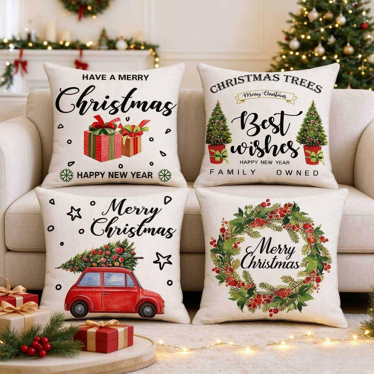 KISSENBEZUG – Weihnachtskissenbezug (Kissenfüllung nicht enthalten) – 45 x 45 cm – Multicolor(vier Stück) - Multicolor, Textil (45/45cm)